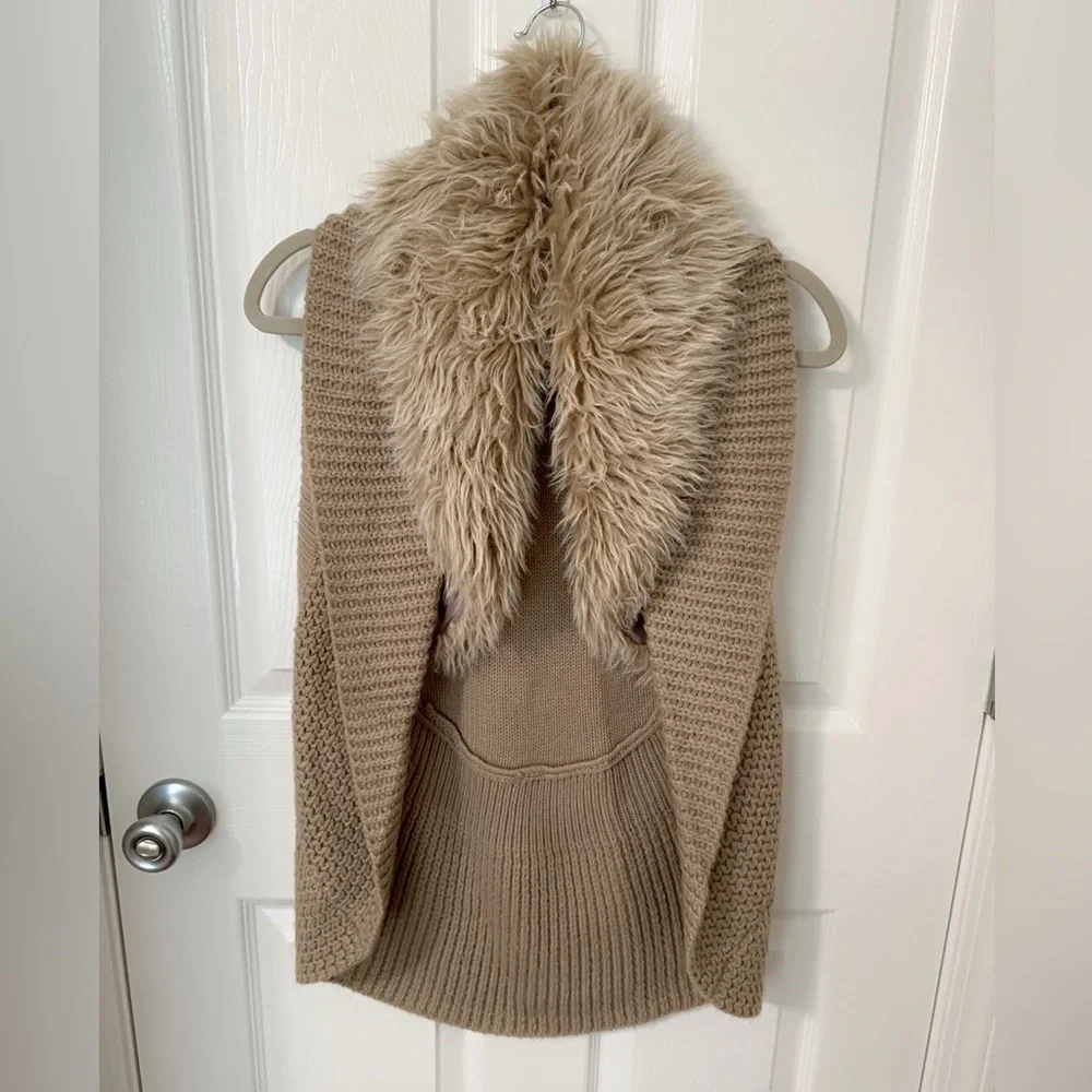 Dolled Up Tan Knit Vest with Faux Fur Collar